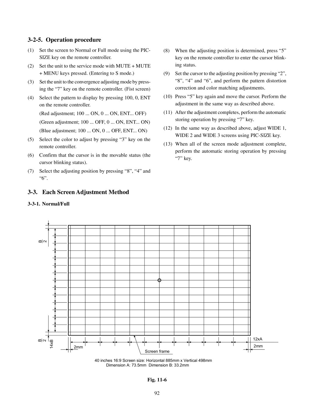 Toshiba TW40F80 manual Operation procedure, Each Screen Adjustment Method, Normal/Full 