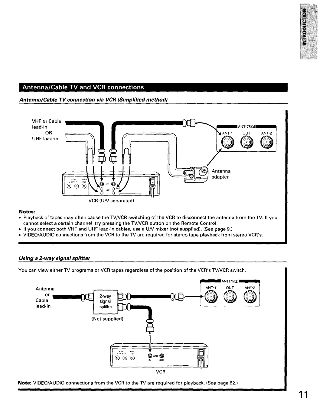 Toshiba TW56D90 Antenna/Cable 73/connection via VCR Simplified method, Using a 2-way signal splitter, VCR U/V separated 