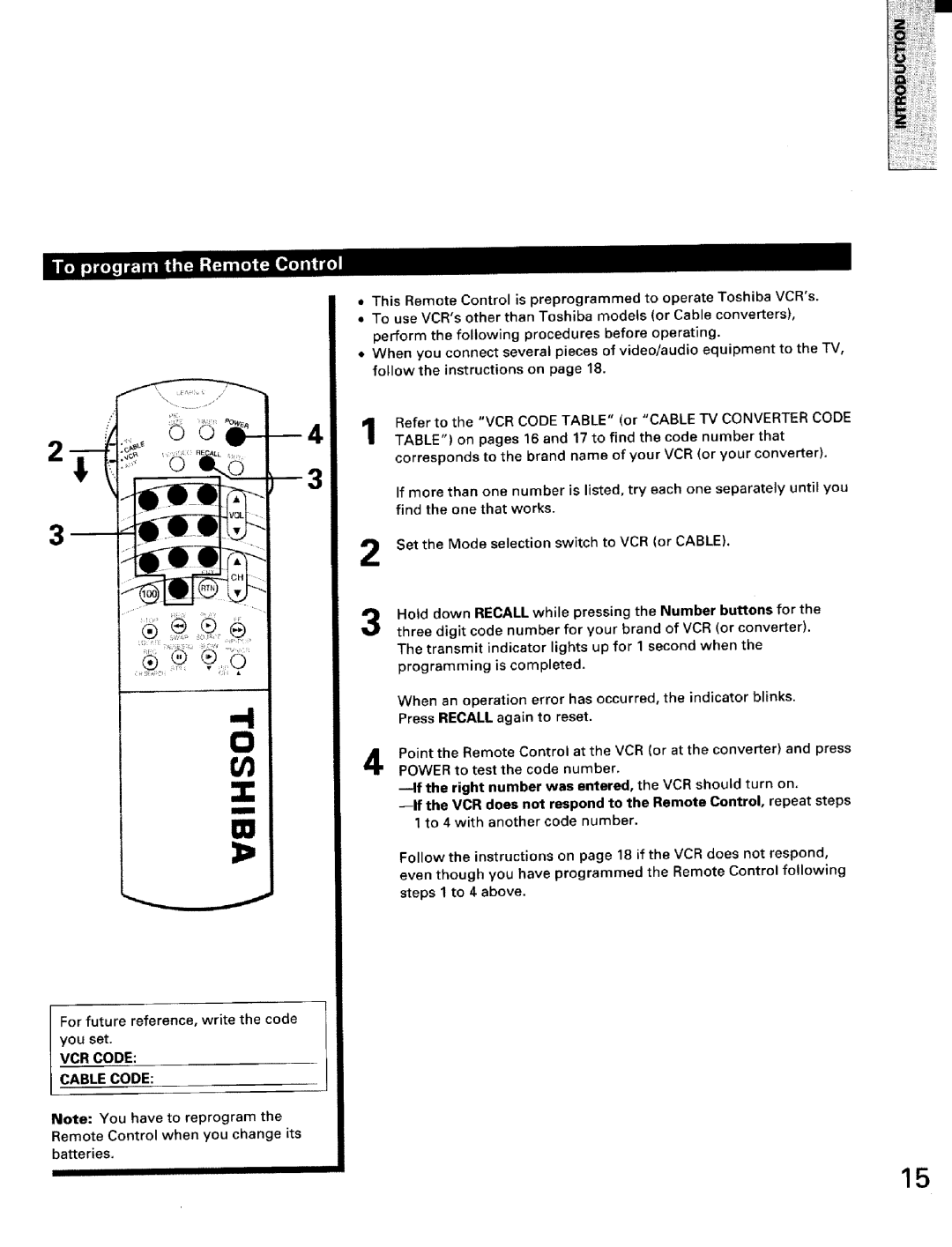 Toshiba TW56D90 owner manual VCR Code Cable Code, Remote Control when you change its batteries 