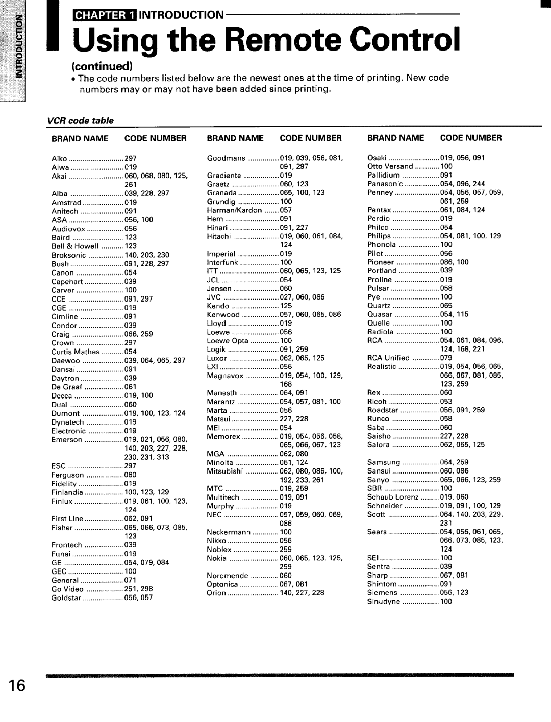 Toshiba TW56D90 owner manual VCR code table, Brand Name Code Number 