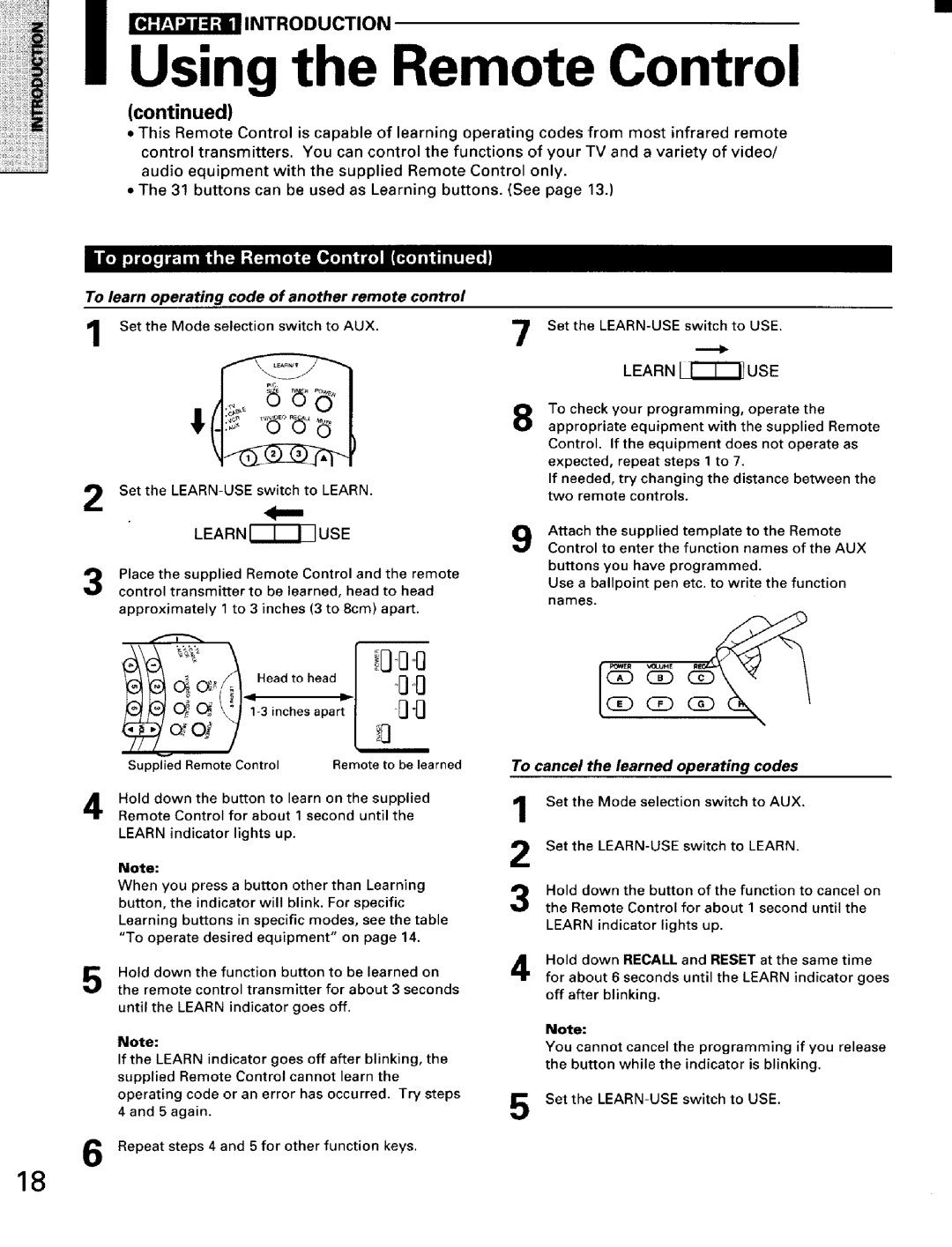 Toshiba TW56D90 To cancel the learned operating codes, To learn operating code of another remote control, Head to head 