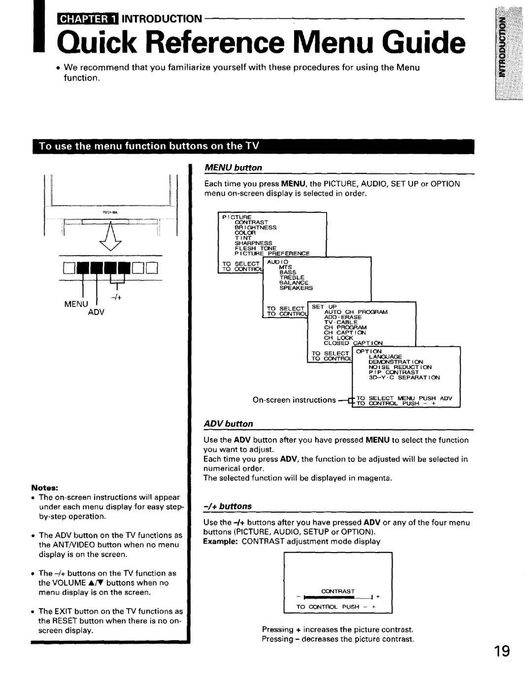 Toshiba TW56D90 owner manual QuickINTRODUCTIONReference Menu Guide, ADV button, Menu button, CH Captioin, +buttons 