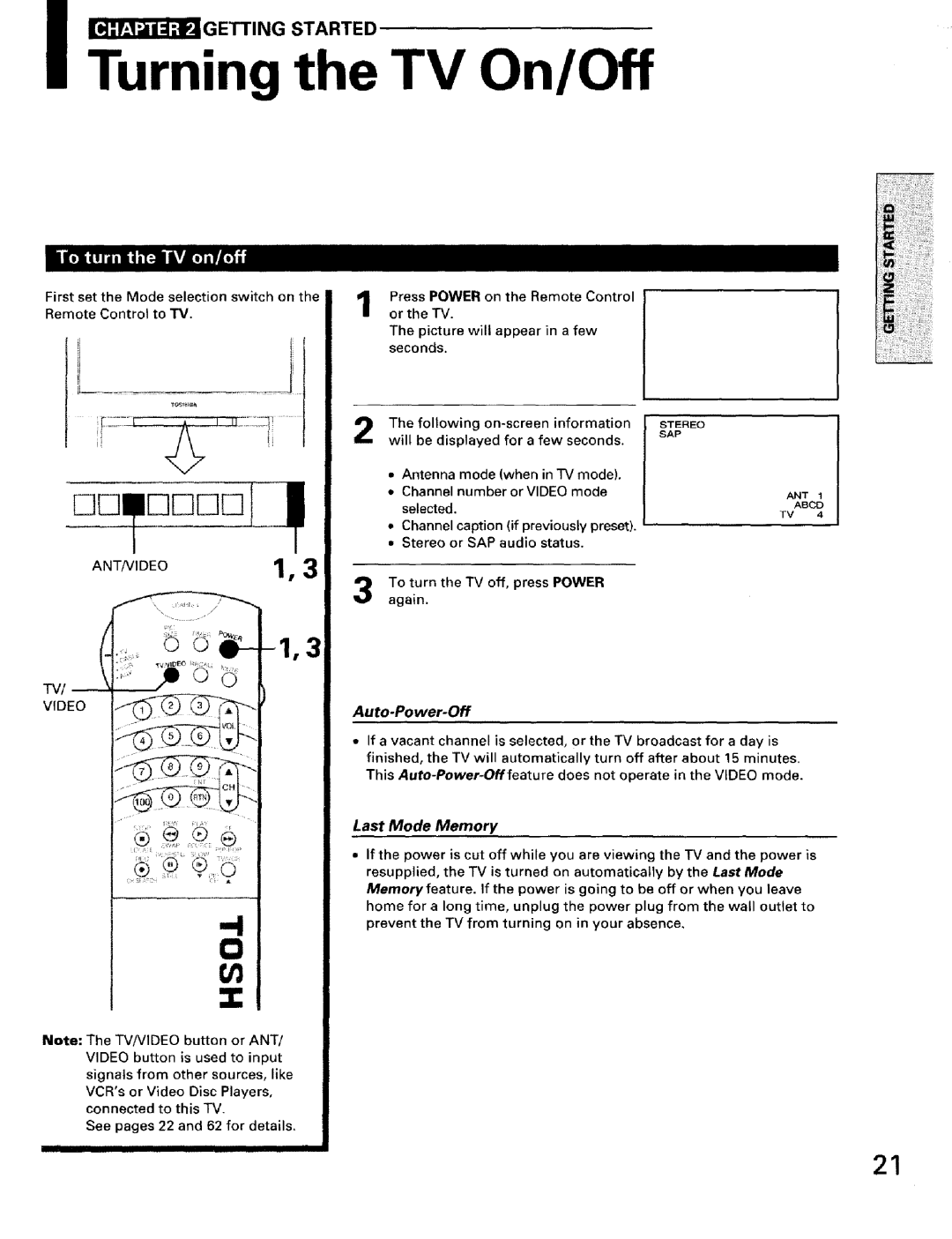 Toshiba TW56D90 owner manual Last Mode Memory, Ant/Video, Auto-Power-Off 