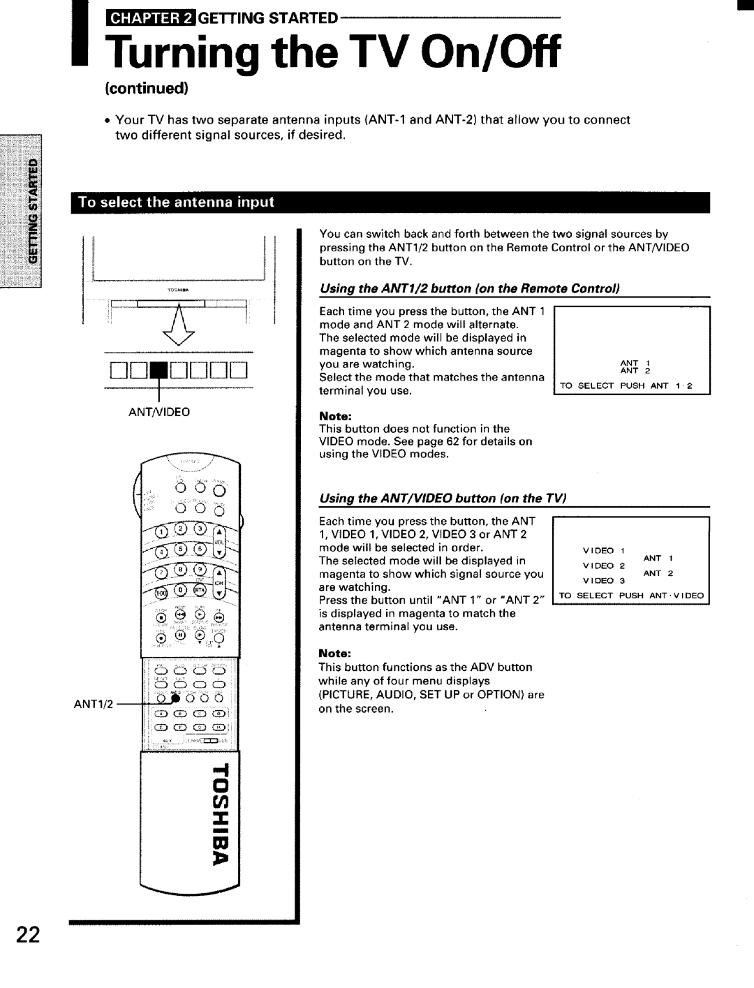 Toshiba TW56D90 owner manual Using the ANT1/2 button on the Remote Control, Using the ANT/VIDEO button on the TV, Antnideo 