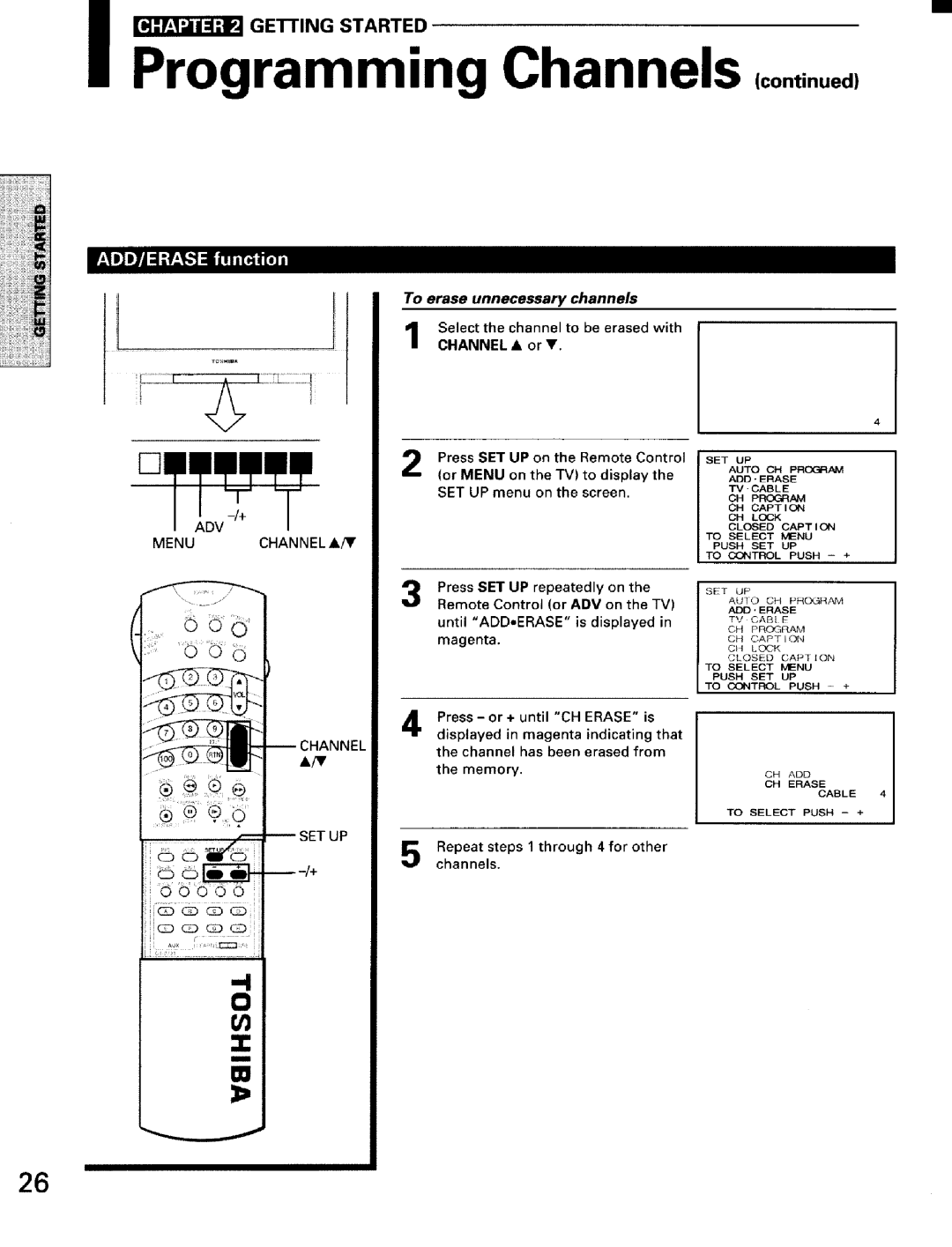 Toshiba TW56D90 owner manual To erase unnecessary channels, Until ADD.ERASE 