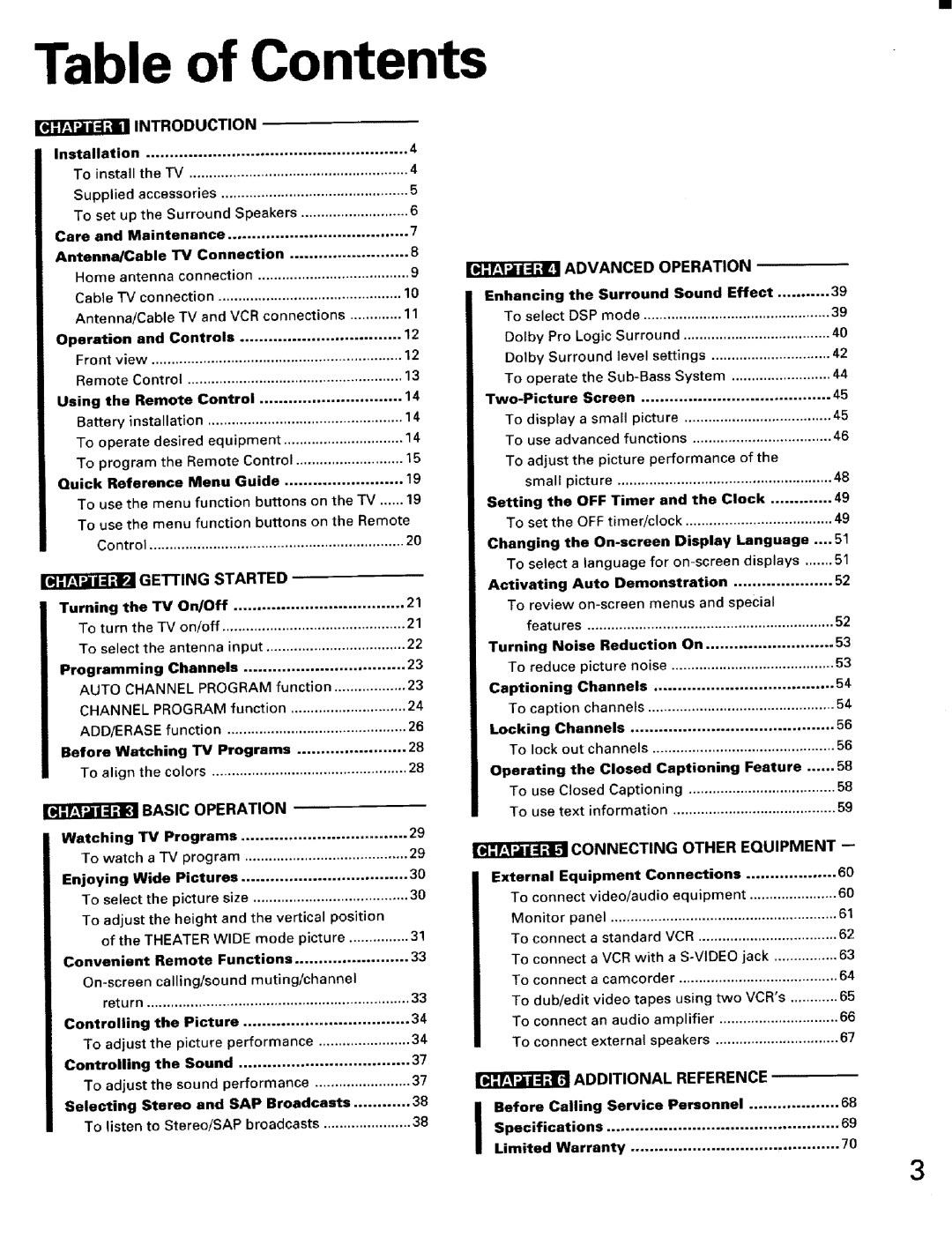 Toshiba TW56D90 owner manual Table of Contents 