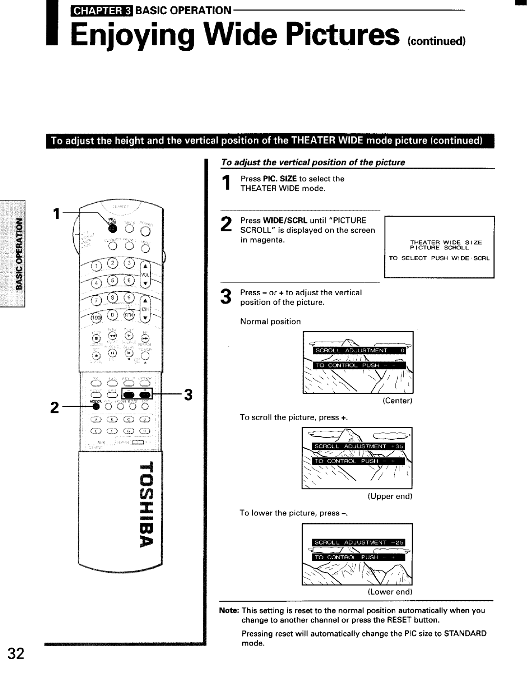 Toshiba TW56D90 owner manual To adjust the vertical position of the picture, Press PIC. Size to select Theater Wide mode 