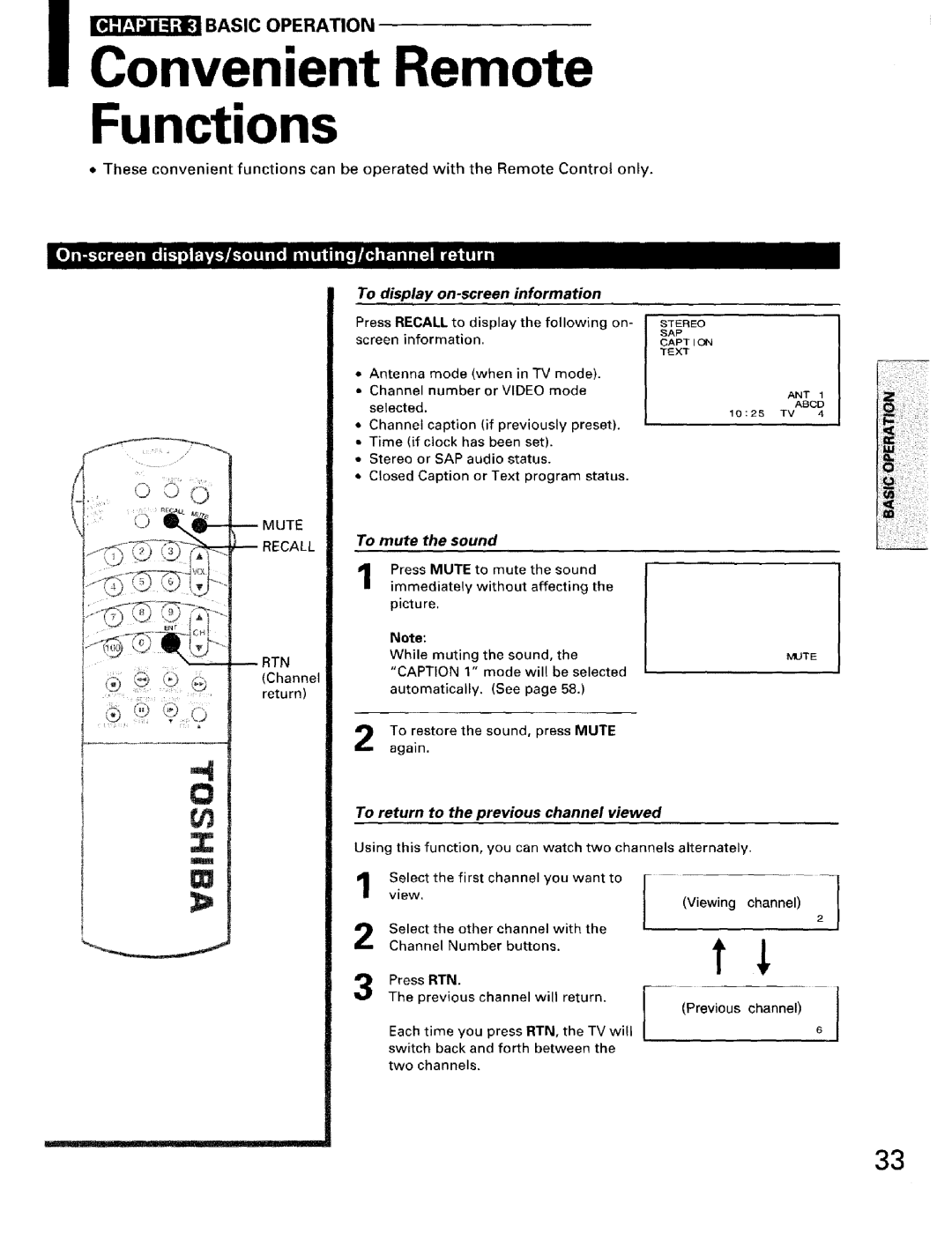 Toshiba TW56D90 owner manual Functions, To display on-screen information, To return to the previous channel viewed, Recall 