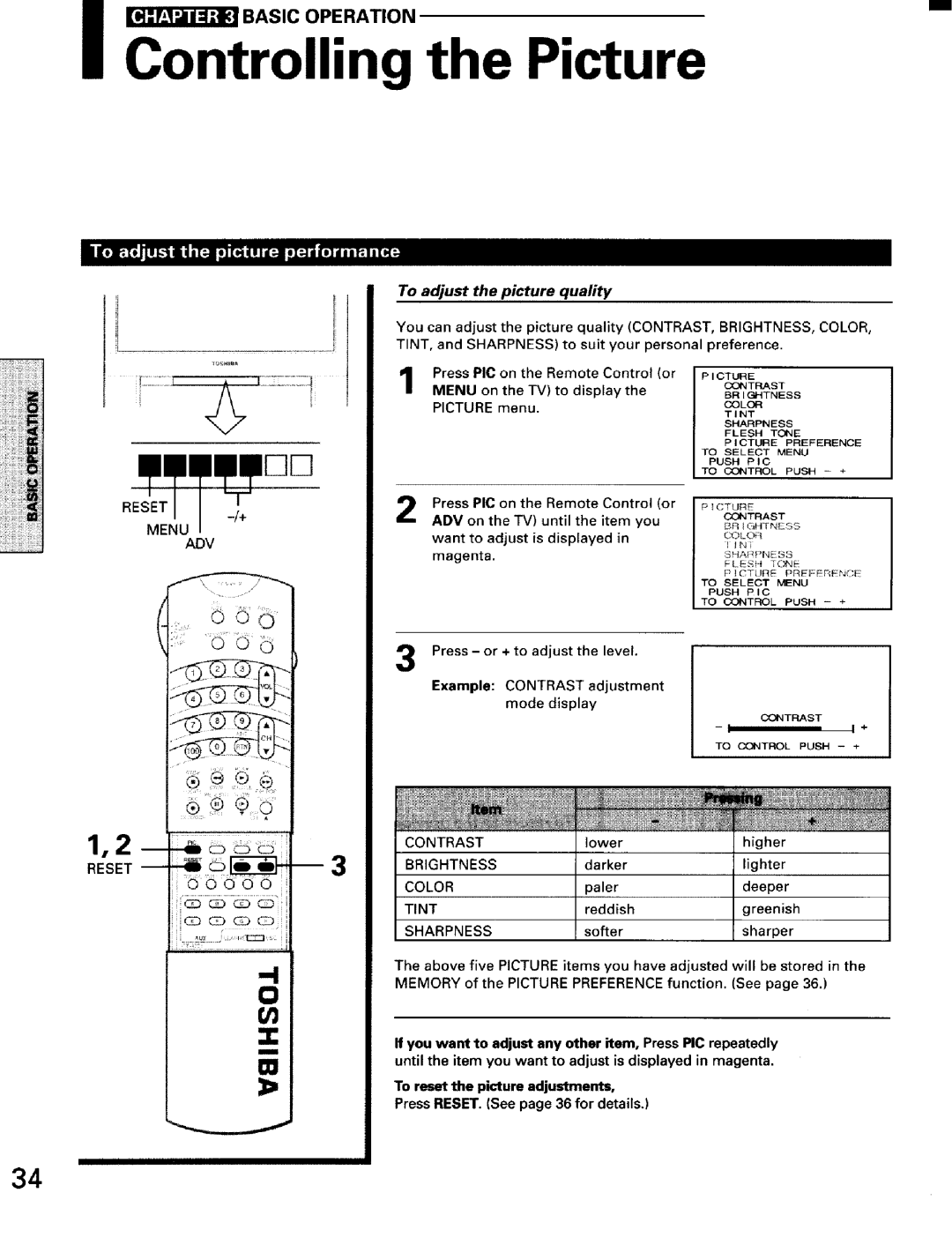 Toshiba TW56D90 owner manual To adjust the picture quality, Reset Menu ADV, Brightness, Sharpness 