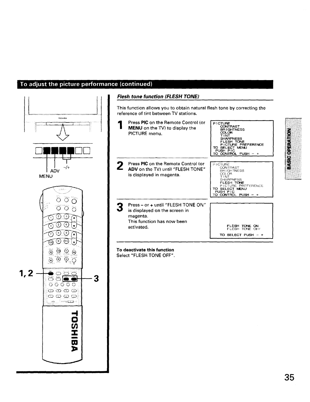 Toshiba TW56D90 owner manual Flesh tone function Flesh Tone, To deactivate this function 