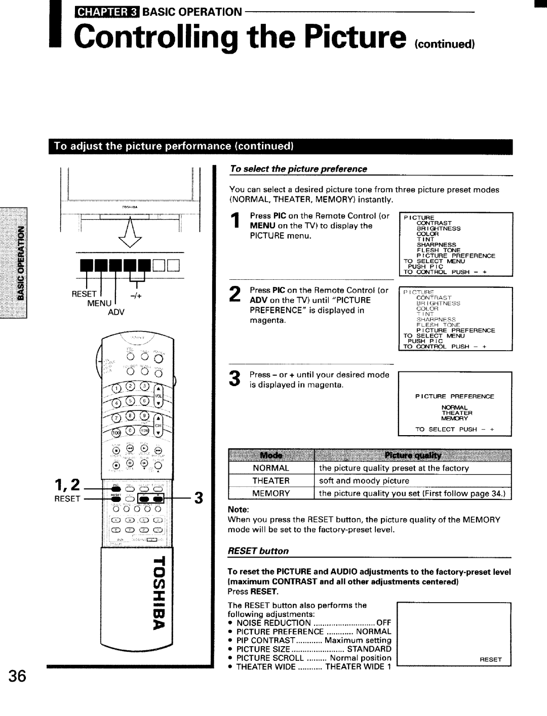 Toshiba TW56D90 owner manual To select the picture preference, Reset button, Setting 