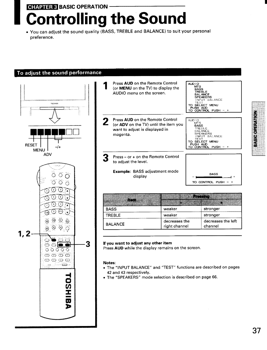 Toshiba TW56D90 owner manual RESET/+ Menu ADV, Bass, Treble, If you want to adjust any other item 