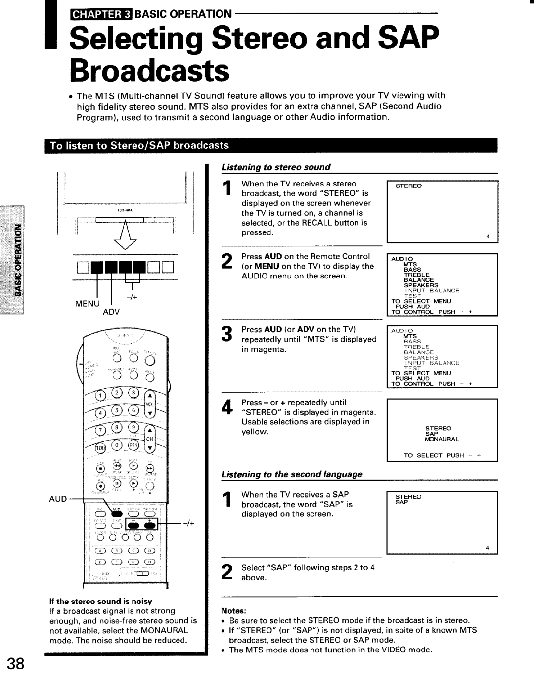 Toshiba TW56D90 Broadcasts, Listening To stereo sound, Audio menu on the screen, Listening to the second language 