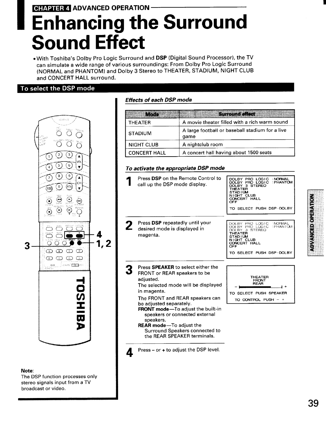 Toshiba TW56D90 owner manual Sound Effect, Effects of each DSP mode, To activate the appropriate DSP mode 