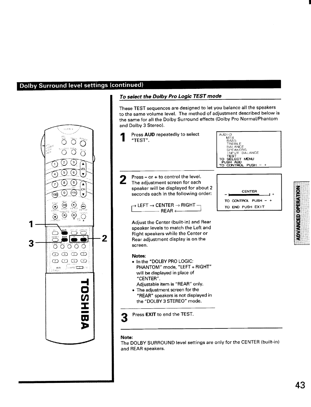 Toshiba TW56D90 owner manual To select the Dolby Pro Logic Test mode 