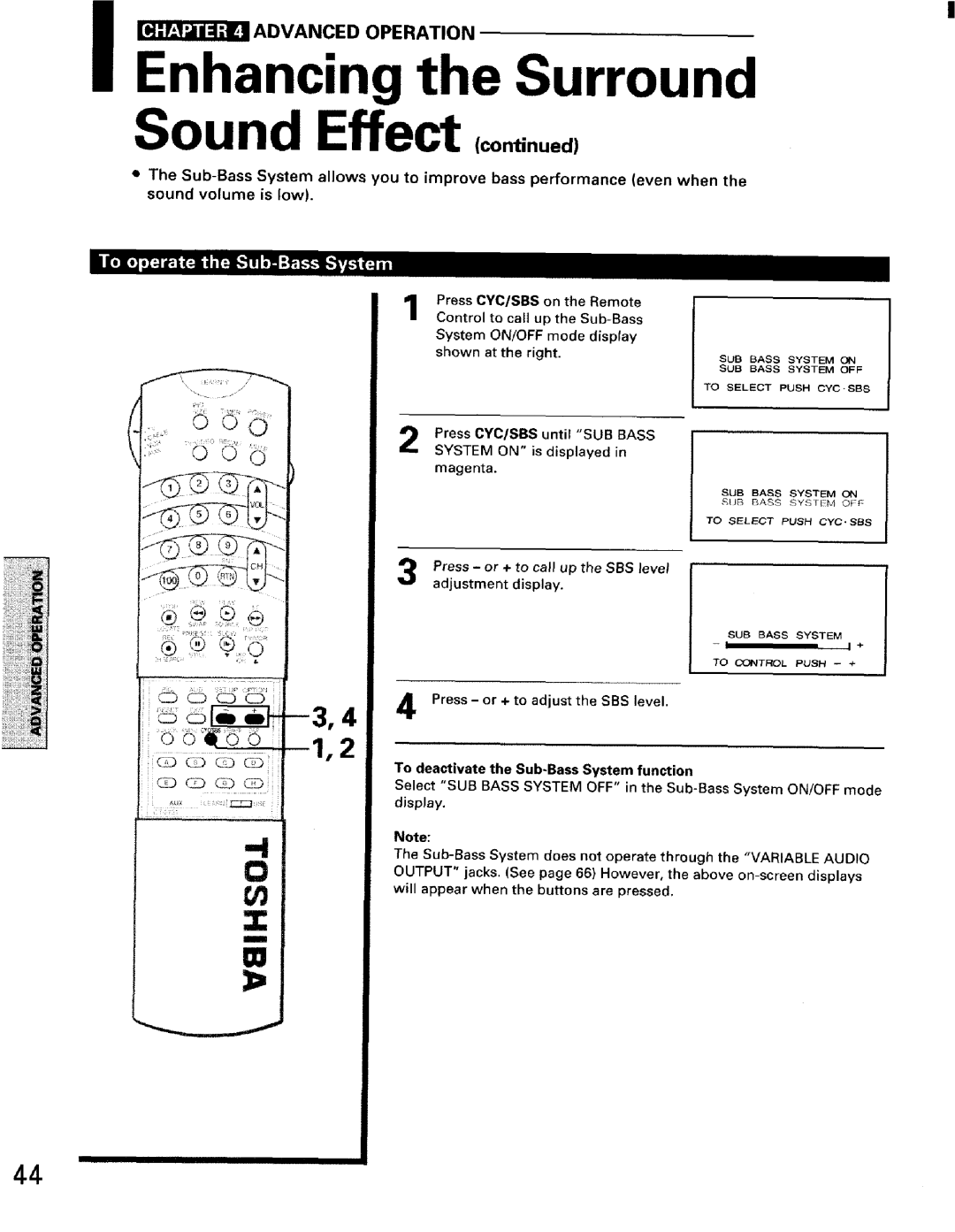 Toshiba TW56D90 owner manual Sound Effect, System ON/OFF mode display shown at the right 