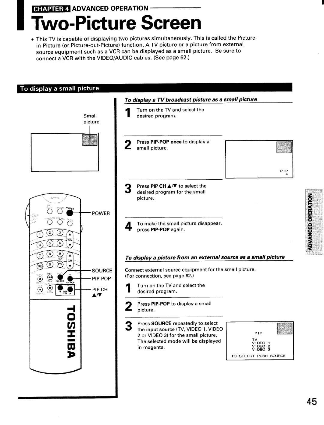 Toshiba TW56D90 owner manual To display a TV broadcast picture as a small picture, Power, Source PIP-POP PIP CH 