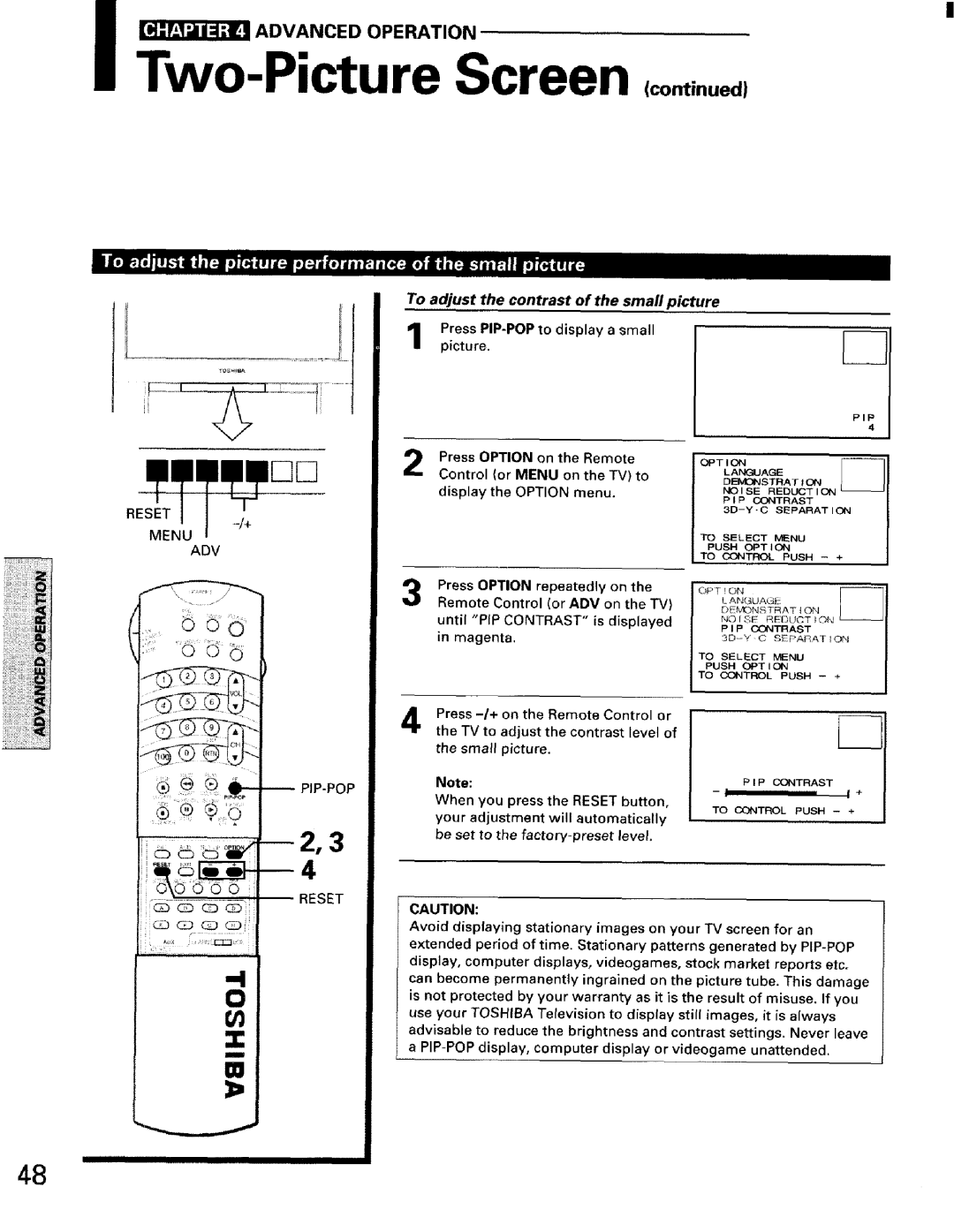 Toshiba TW56D90 owner manual Two-PictureADVANCED OPERATIONScreen, To adjust the contrast of the small picture, Reset, Menu 