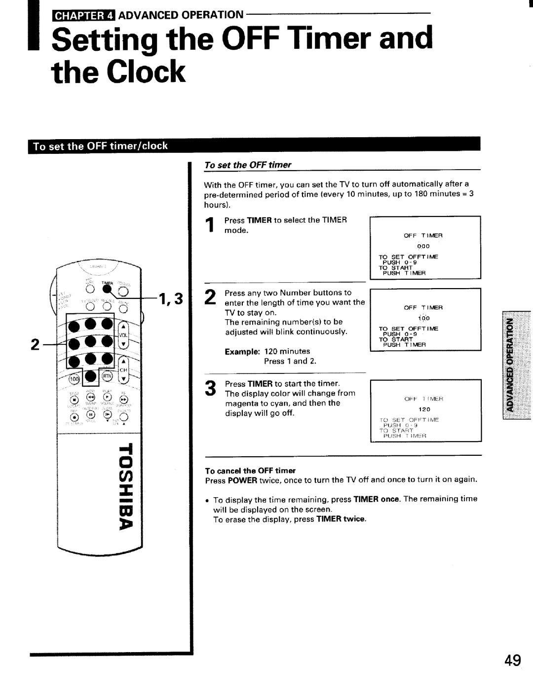 Toshiba TW56D90 owner manual Clock, To set the OFF timer, To cancel the OFF timer 