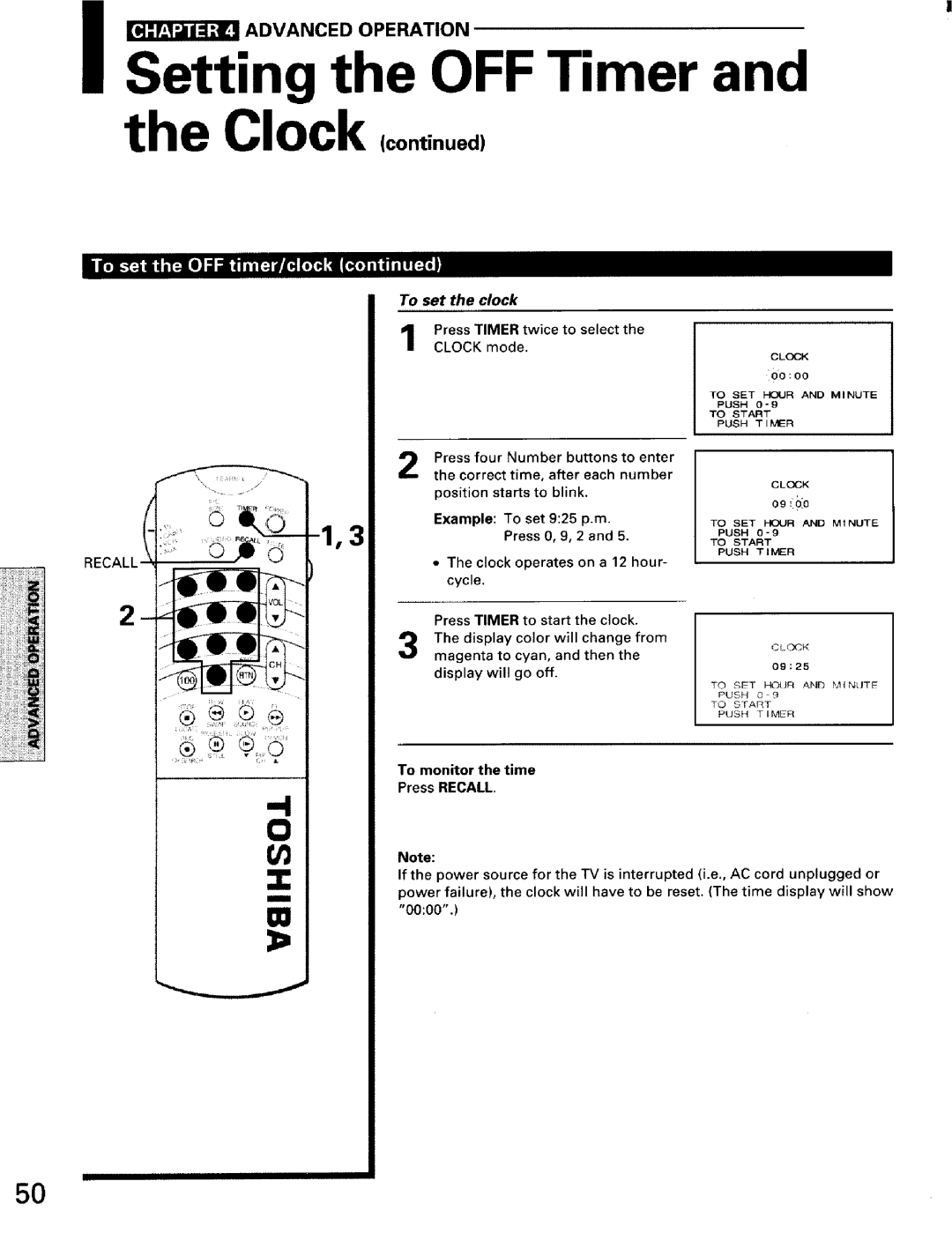 Toshiba TW56D90 owner manual To set the clock, Time, Each, To monitor the time Press Recall 