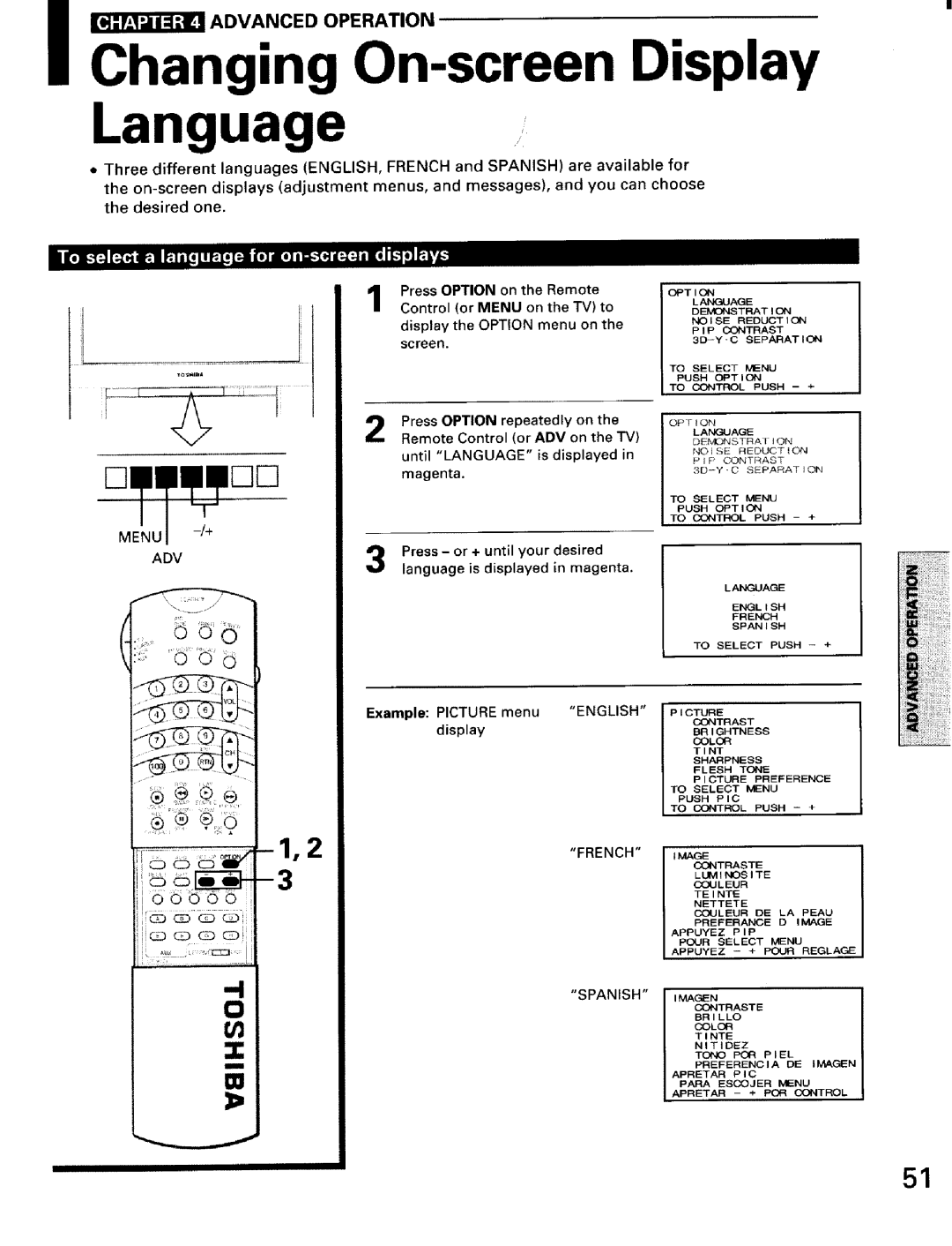 Toshiba TW56D90 owner manual Language, English, French, Spanish 