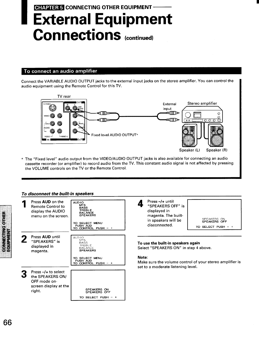 Toshiba TW56D90 owner manual To disconnect the built-in speakers, Audio, Bass, Speakers, To use the built-in speakers again 