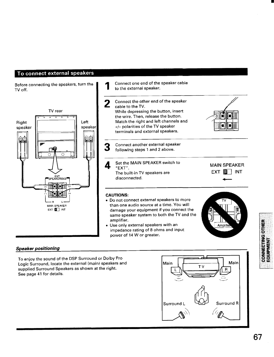 Toshiba TW56D90 owner manual Speaker positioning, Main Speaker EXT INT 