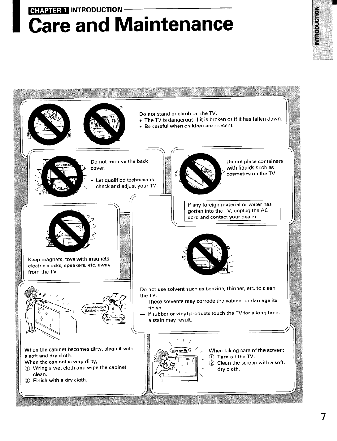 Toshiba TW56D90 owner manual Do not stand or climb on the TV, Finish with a dry cloth 