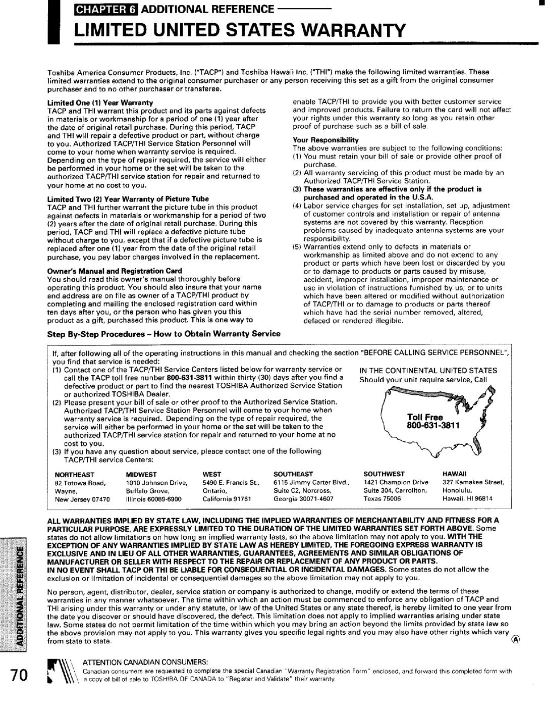 Toshiba TW56D90 owner manual Limitedadditional Unitedreferencestates Warranty 