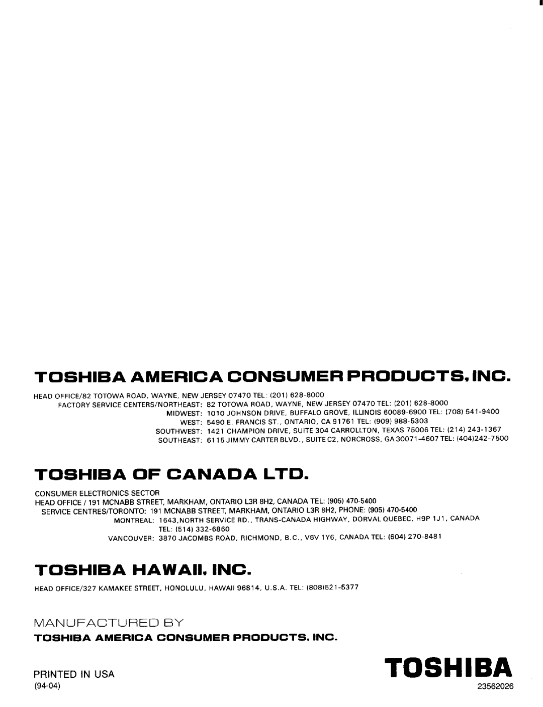 Toshiba TW56D90 owner manual America Consumer Products INC 