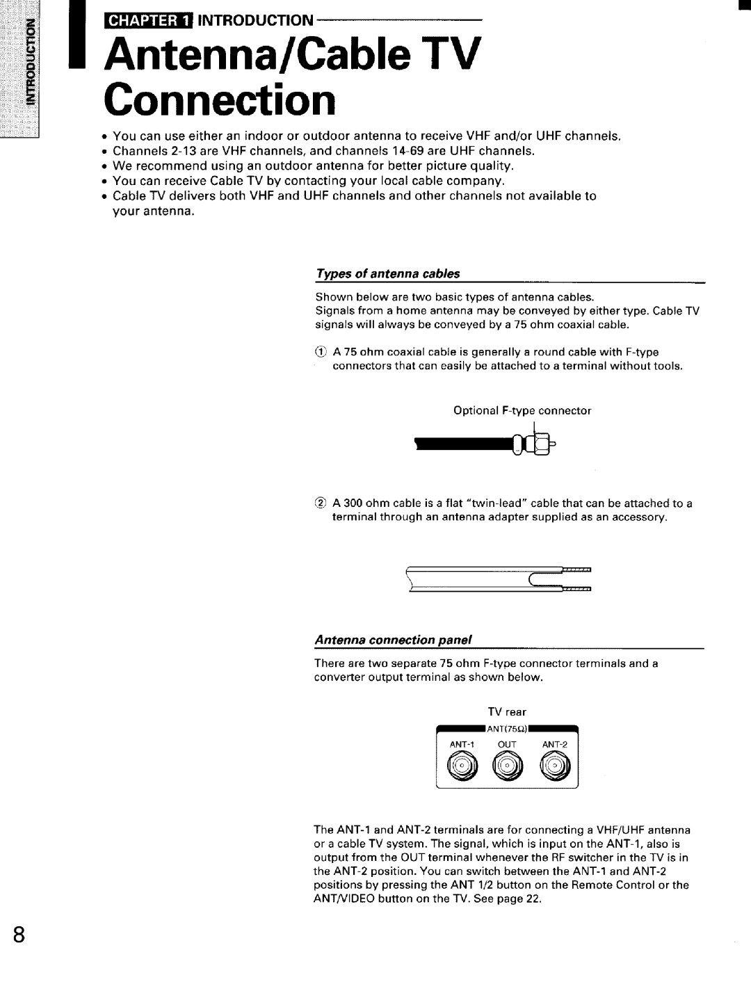 Toshiba TW56D90 owner manual Connection, Types of antenna cables, Antenna connection panel 