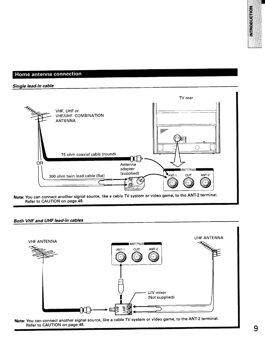 Toshiba TW56D90 owner manual Single lead-in cable, Both VHF and UHF lead-in cables, Refer to Caution on 