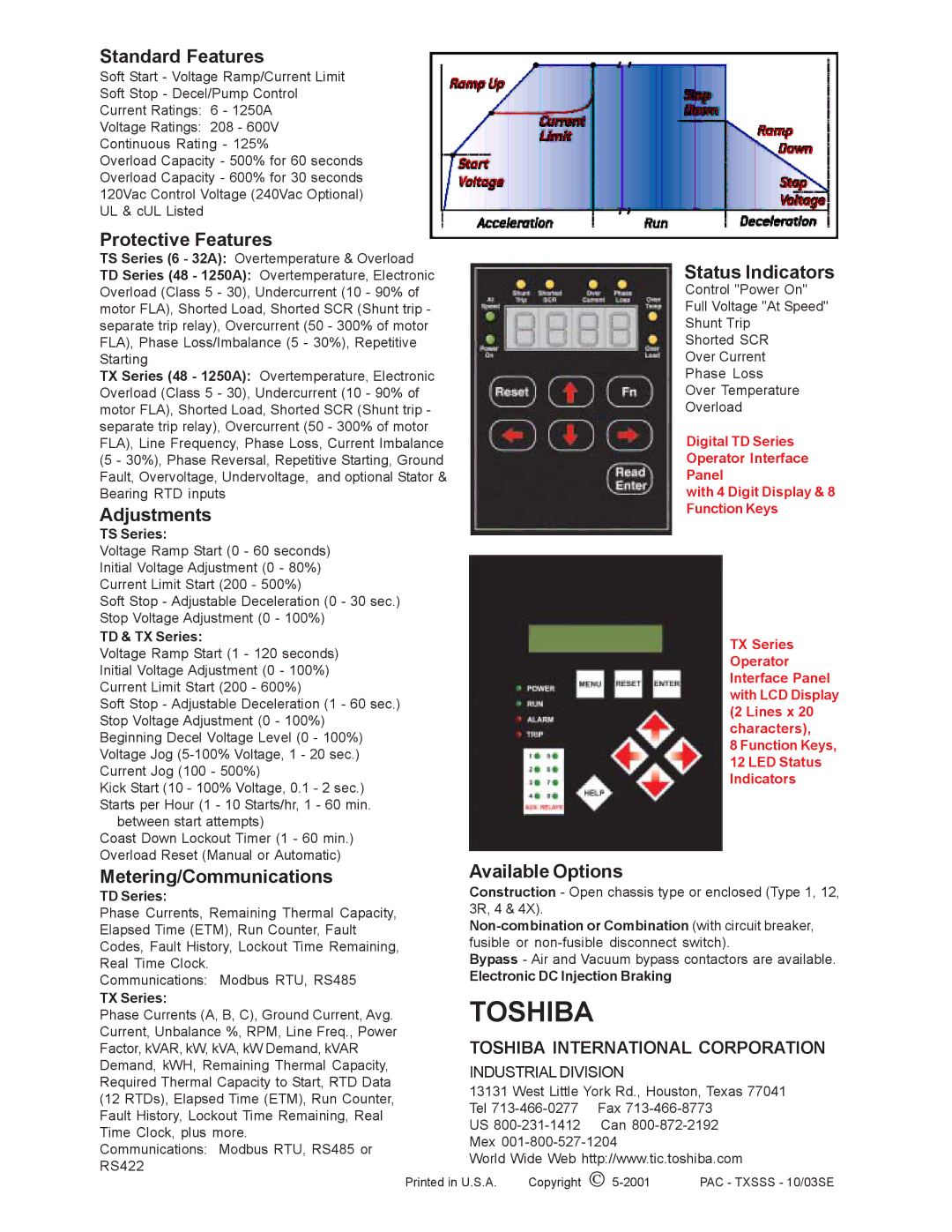 Toshiba TX Series manual Standard Features, Protective Features, Adjustments Status Indicators, Metering/Communications 