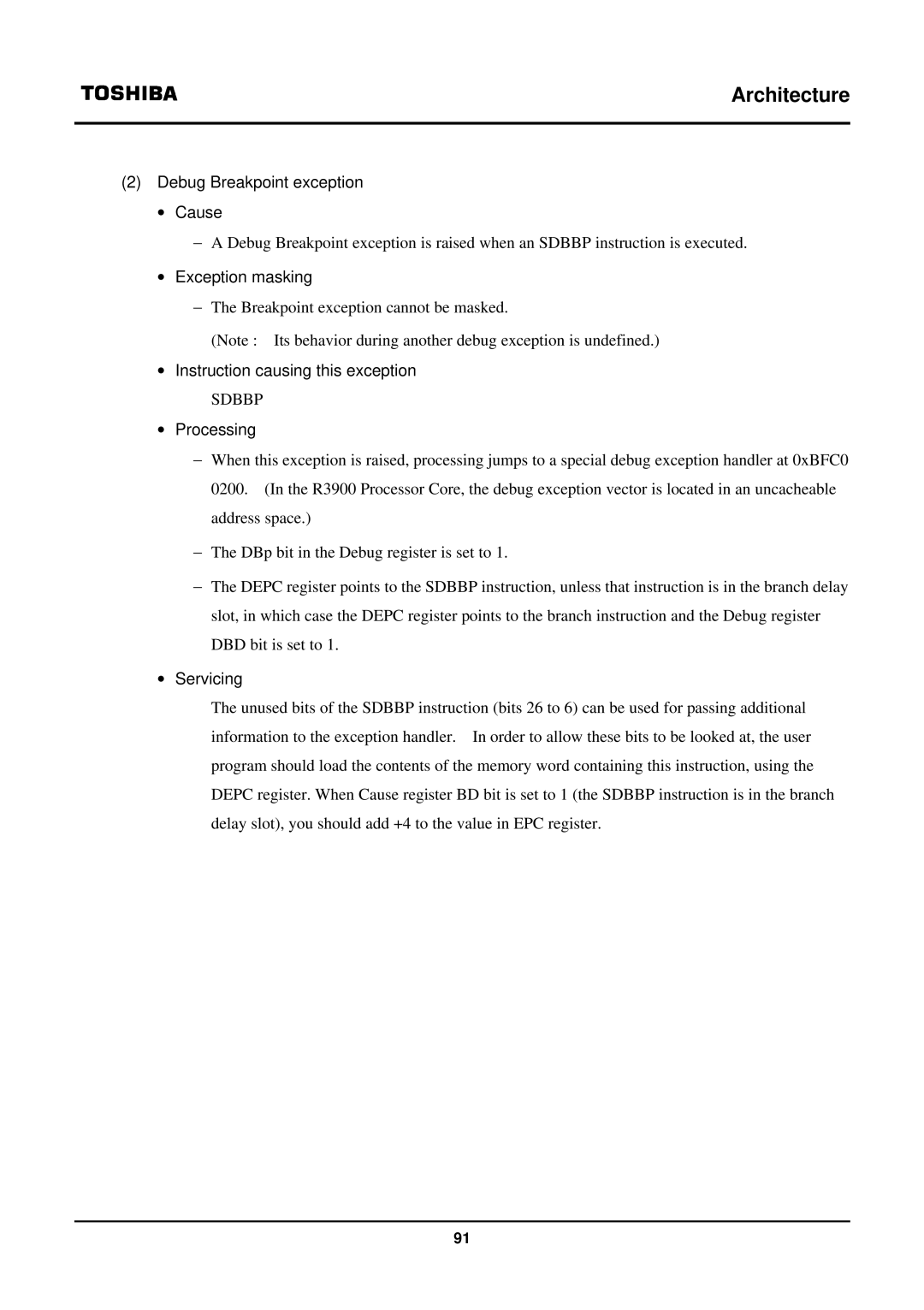 Toshiba TX39 user manual Debug Breakpoint exception ∙ Cause, ∙ Instruction causing this exception 