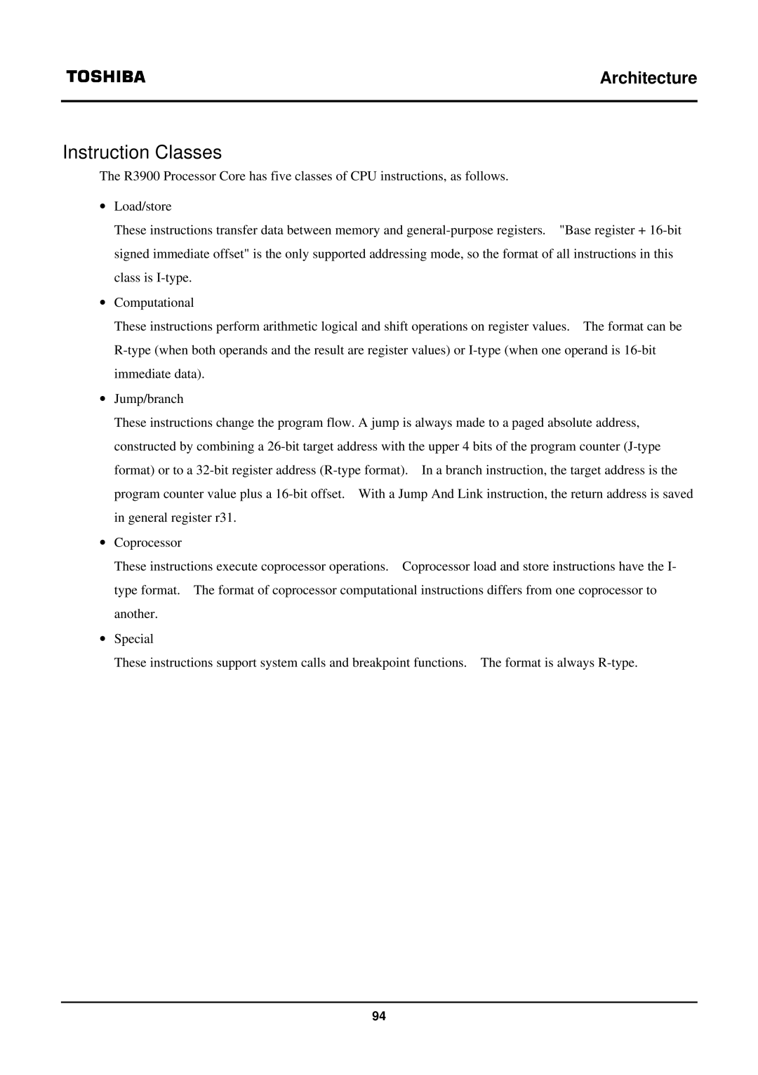 Toshiba TX39 user manual Instruction Classes 