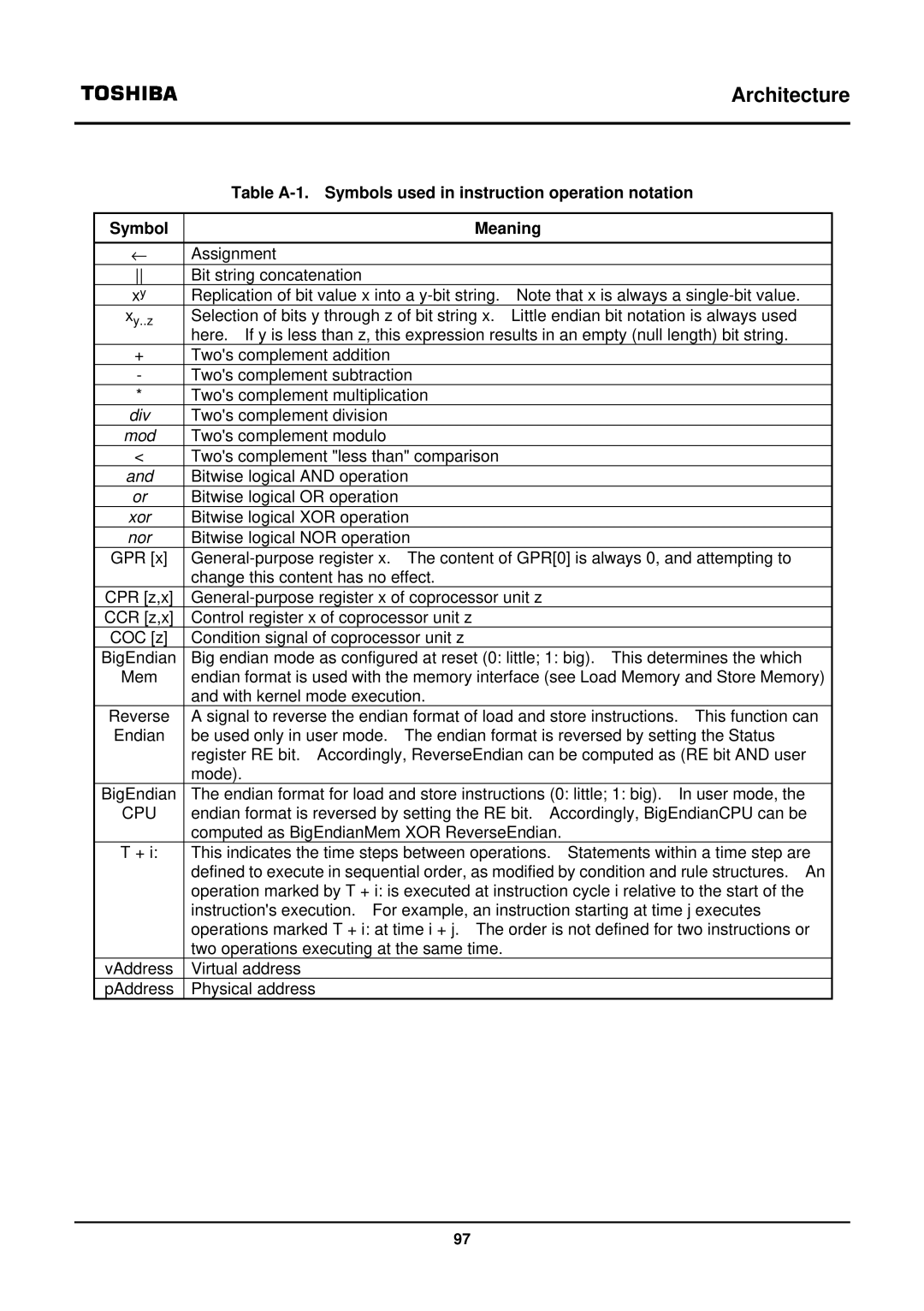 Toshiba TX39 user manual Twos complement division, Bitwise logical XOR operation 