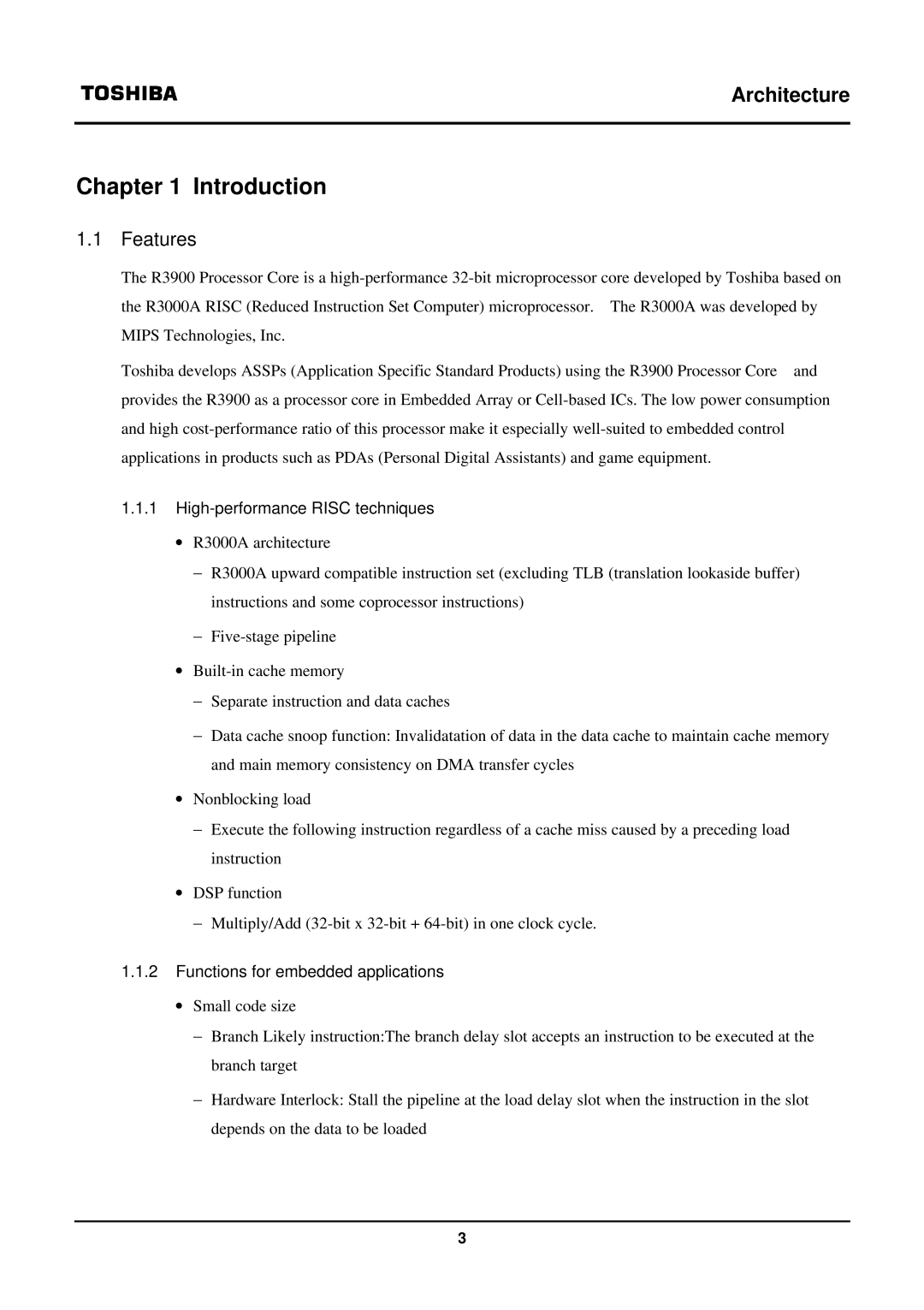 Toshiba TX39 user manual Introduction, Features, High-performance Risc techniques 