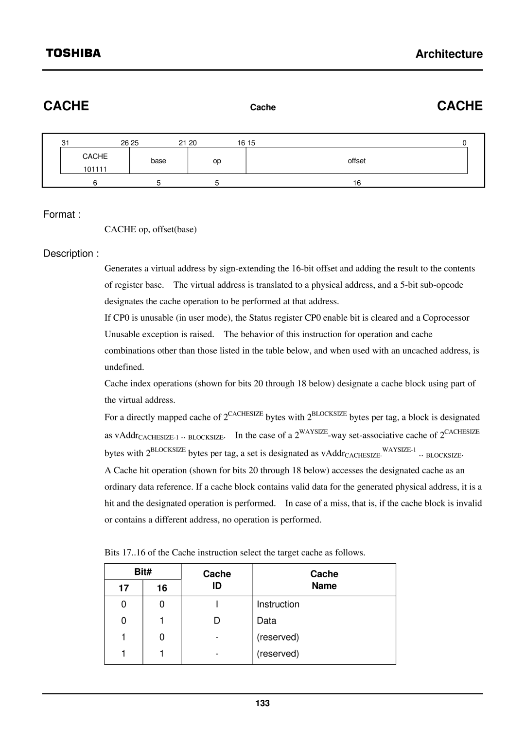 Toshiba TX39 user manual Bit# Cache Name, Data 