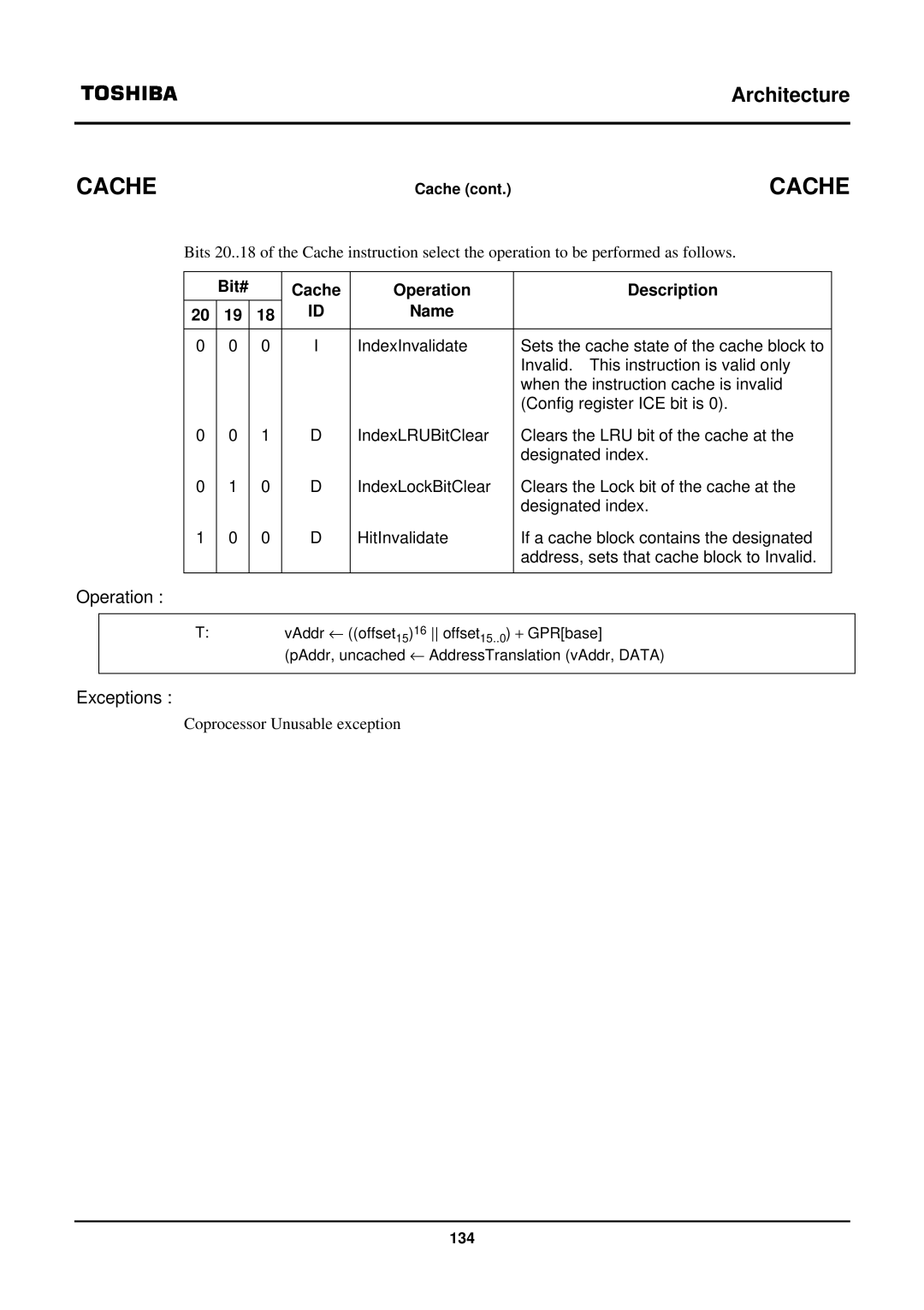 Toshiba TX39 user manual Bit# Cache Operation Description Name 