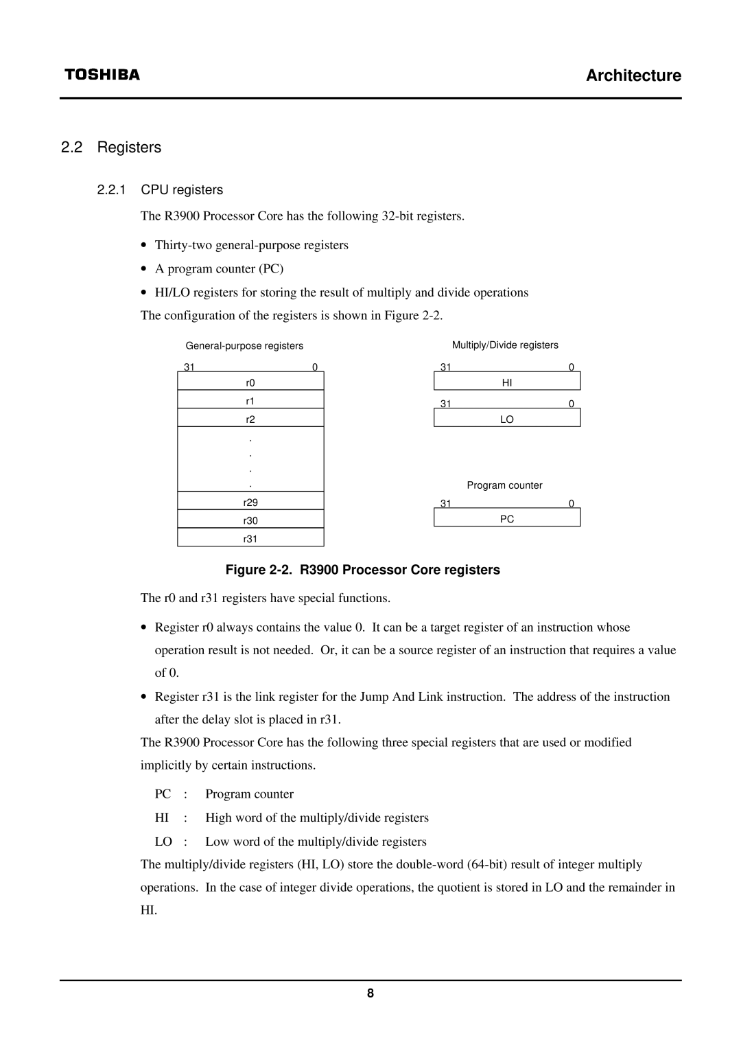 Toshiba TX39 user manual Registers, CPU registers 