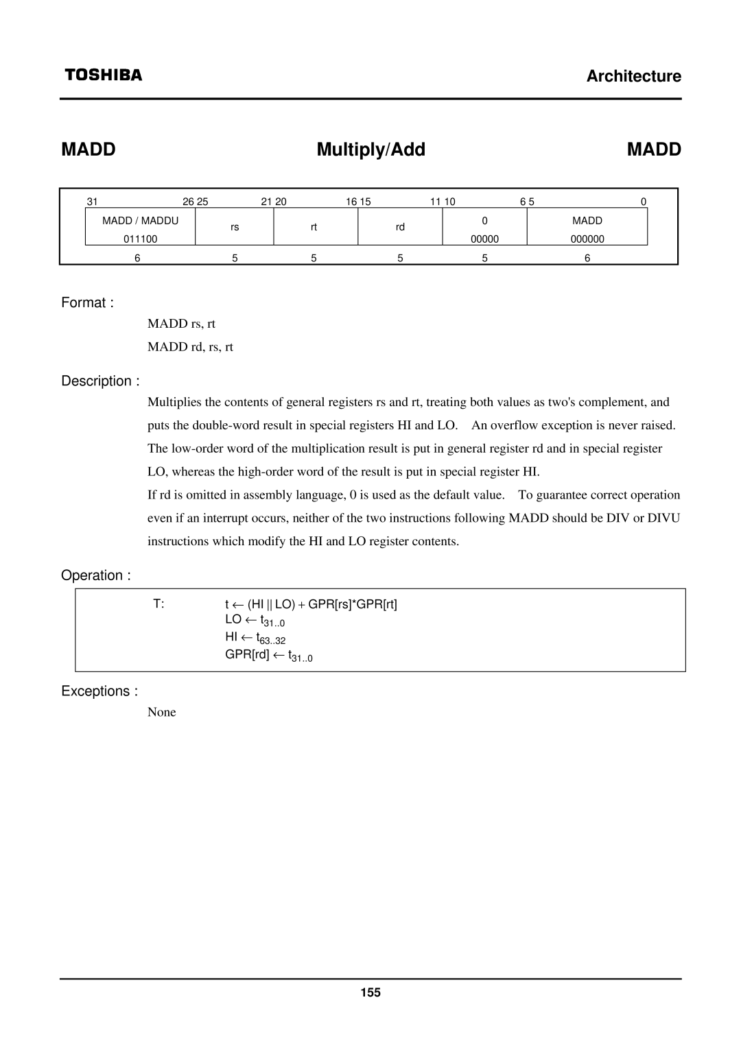 Toshiba TX39 user manual Multiply/Add 