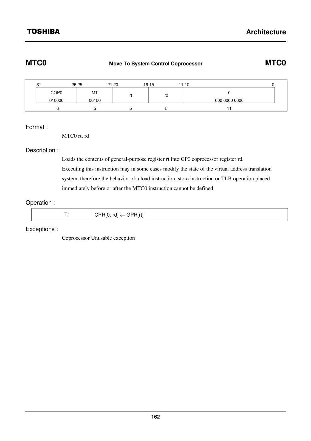 Toshiba TX39 user manual MTC0 