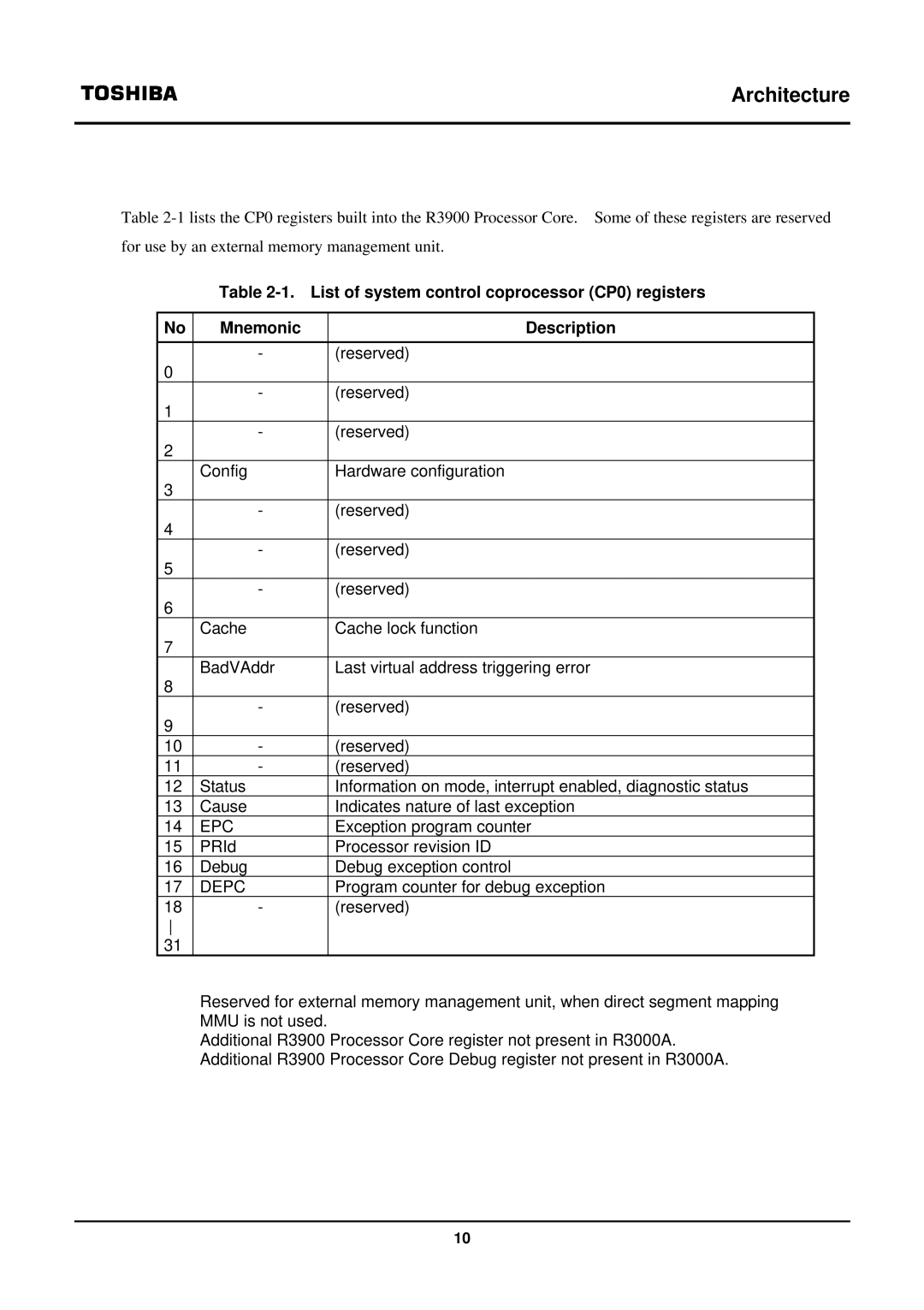 Toshiba TX39 user manual Reserved †, Exception program counter 