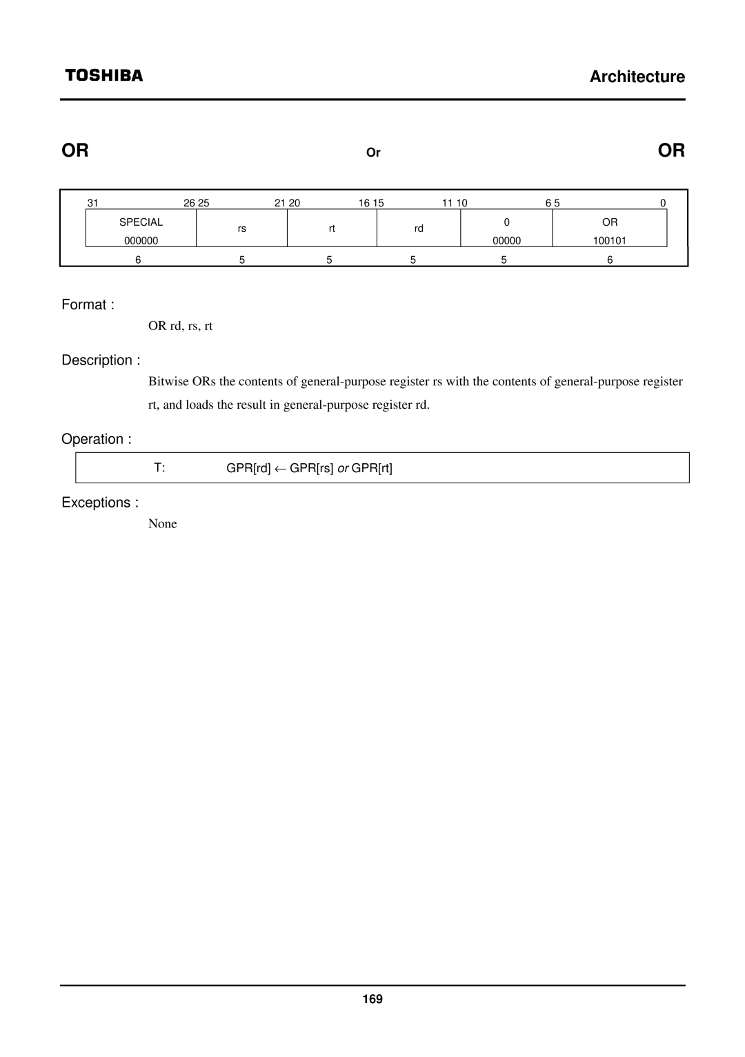 Toshiba TX39 user manual Or rd, rs, rt 