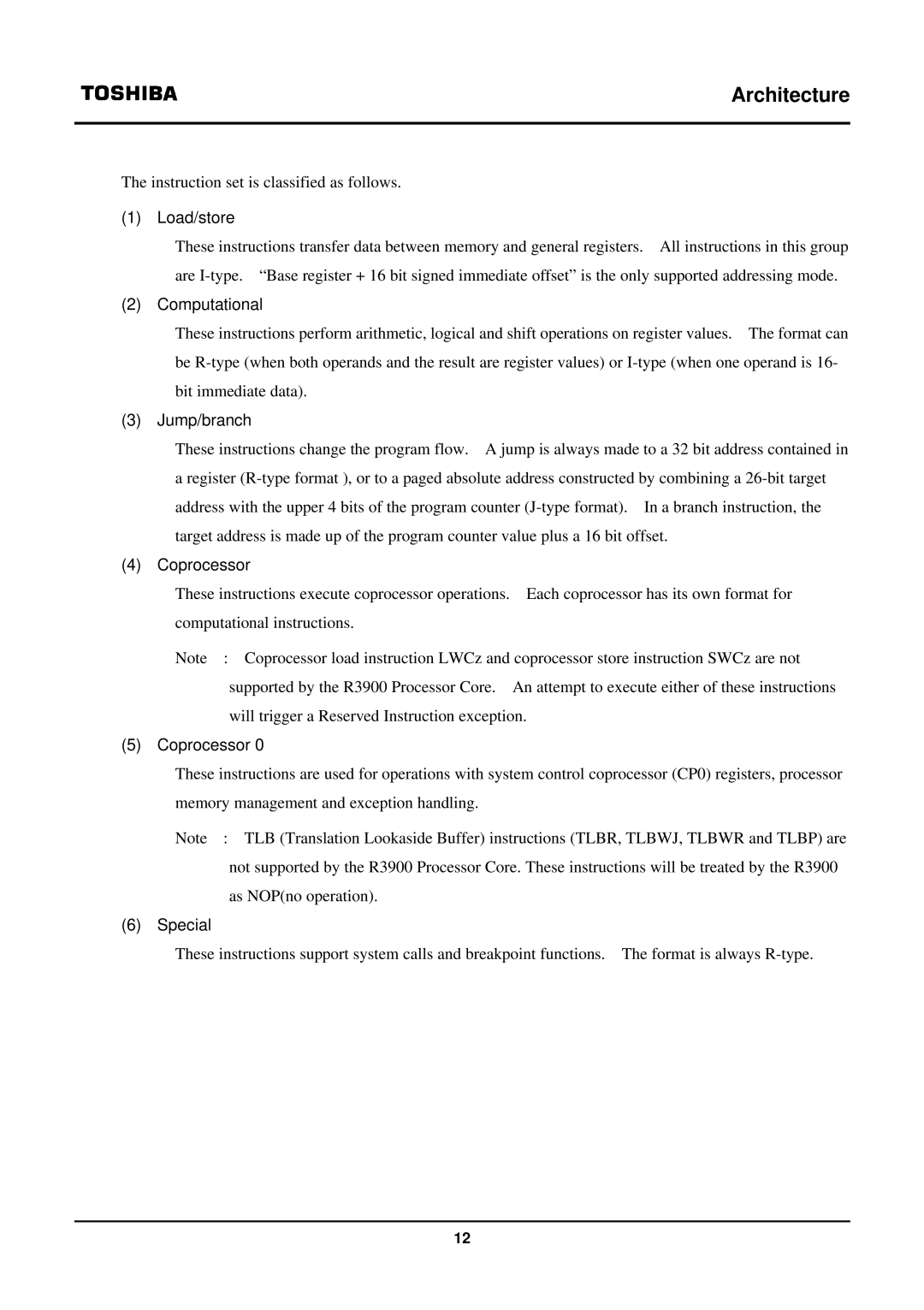 Toshiba TX39 user manual Load/store, Computational, Jump/branch, Coprocessor, Special 