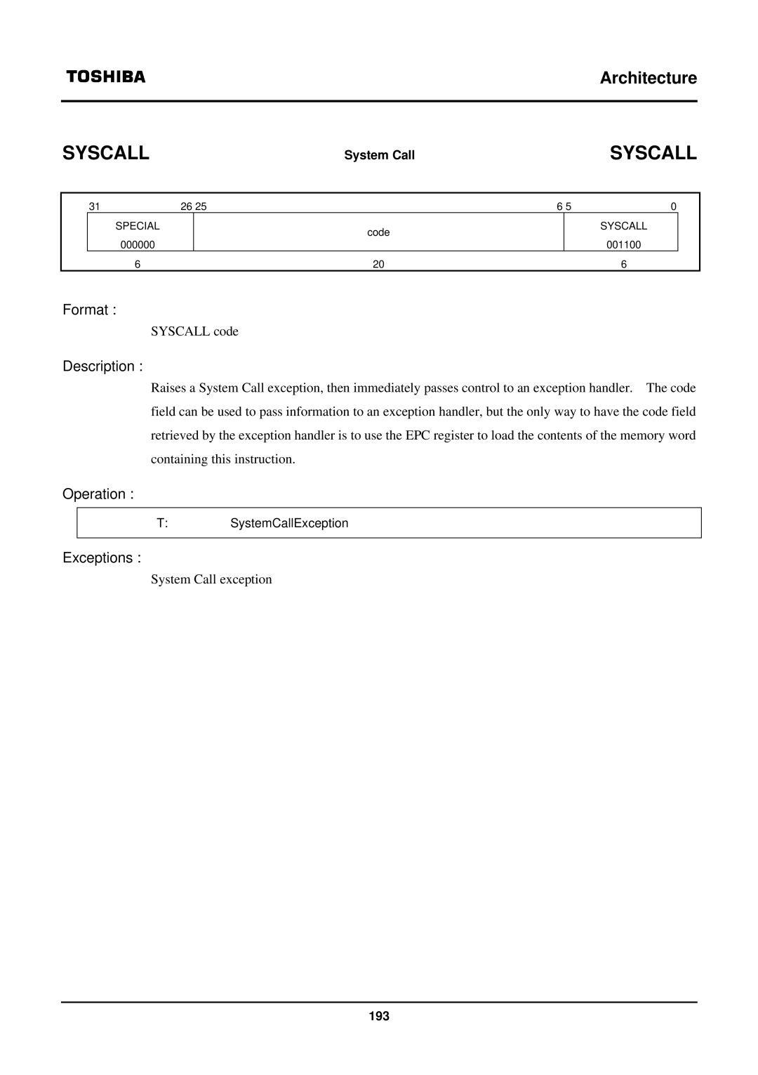 Toshiba TX39 user manual Syscall 