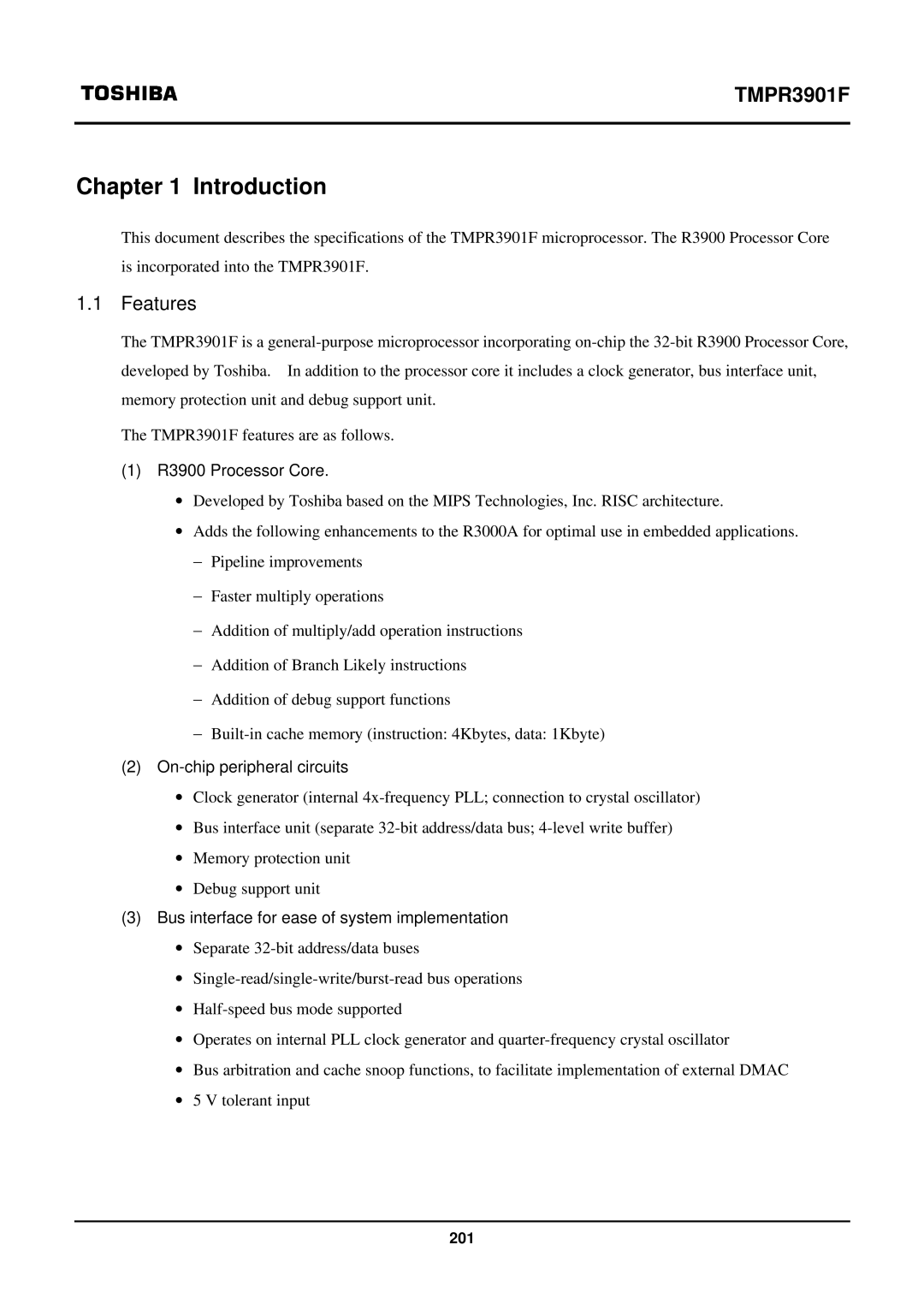 Toshiba TX39 user manual R3900 Processor Core, On-chip peripheral circuits, Bus interface for ease of system implementation 