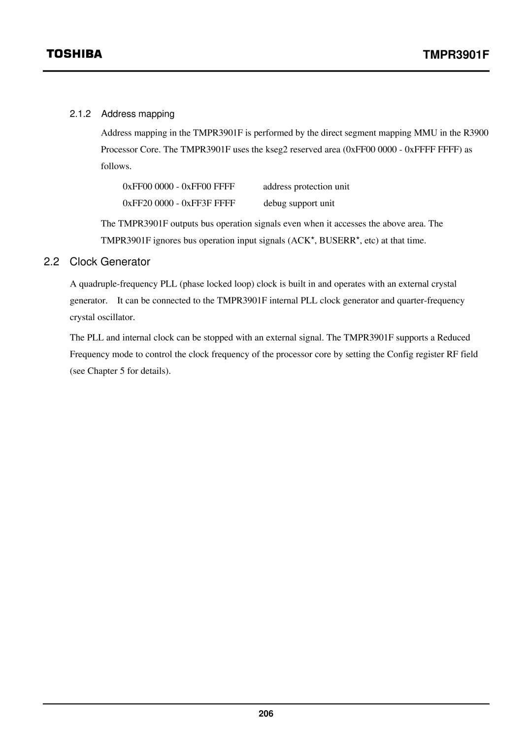 Toshiba TX39 user manual Clock Generator, Address mapping 