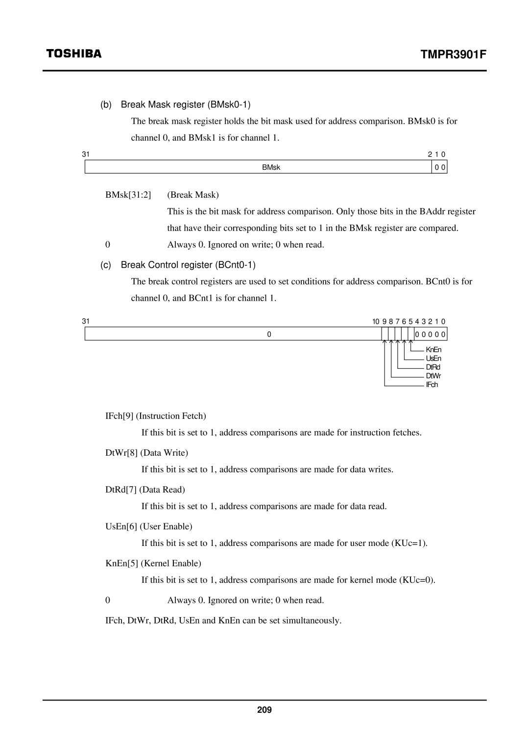 Toshiba TX39 user manual Break Mask register BMsk0-1, Break Control register BCnt0-1 