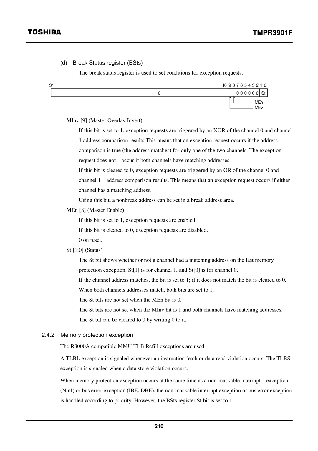 Toshiba TX39 user manual Break Status register BSts, Memory protection exception 